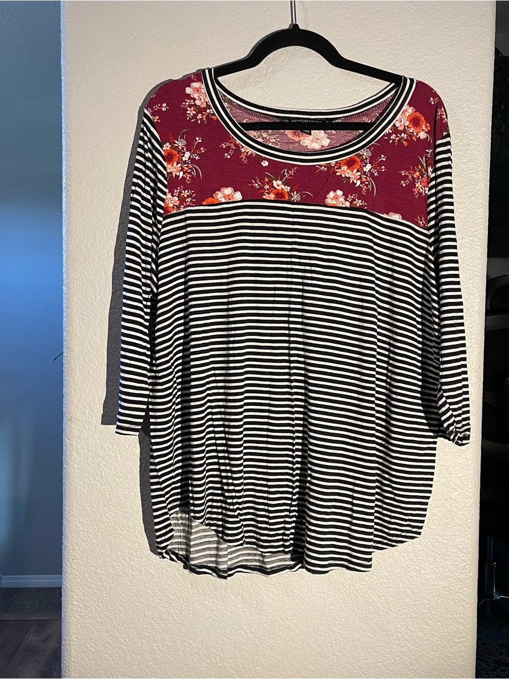Signature Studio Black & White Striped Long Sleeve Top with Burgundy Floral Yoke